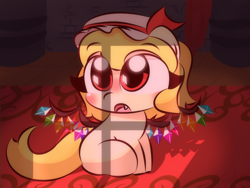 Size: 2048x1536 | Tagged: safe, artist:cushyhoof, derpibooru import, pony, 4:3, blonde, blonde hair, blushing, cute, dark background, fangs, female, flandre scarlet, hat, mansion, mare, open mouth, ponified, solo, species swap, touhou, wingding eyes, wings