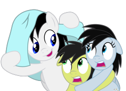 Size: 4000x2899 | Tagged: safe, artist:creedyboy124, derpibooru import, oc, oc only, oc:chloe park, oc:sadie park, oc:shane park, pegasus, blanket, brother and sister, female, male, scared, siblings, simple background, transparent background