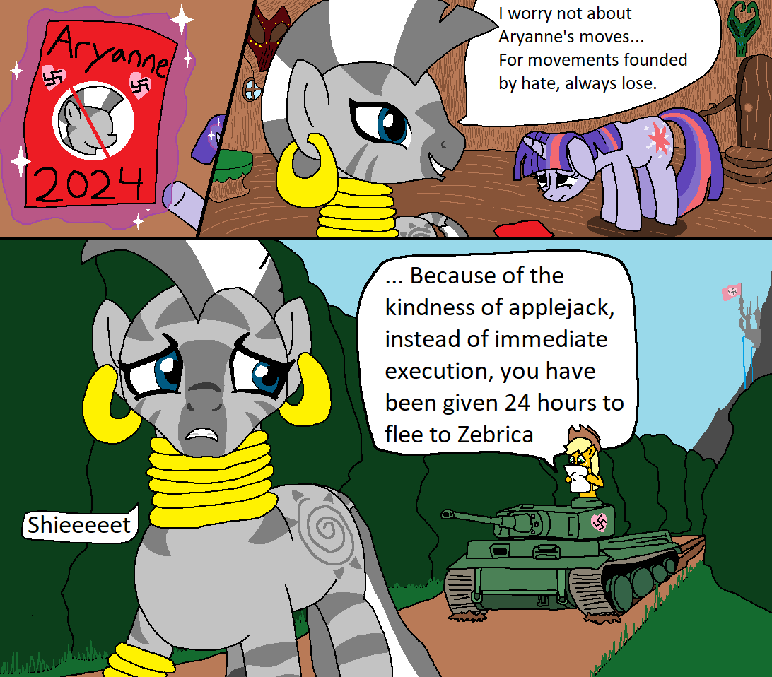 3437912 - safe, artist:pinkiecel, ponybooru exclusive, applejack, twilight  sparkle, unicorn twilight, zecora, earth pony, pony, unicorn, zebra,  canterlot, dialogue, female, implied aryanne, mare, nazi, pony racism, tank  (vehicle), tiger (tank), vulgar ...