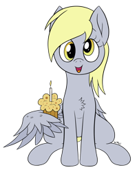 Size: 1862x2334 | Tagged: safe, artist:wapamario63, derpy hooves, pegasus, pony, candle, chest fluff, cute, female, mare, muffin, open mouth, simple background, sitting, solo, transparent background, wings