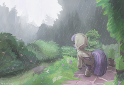 Size: 1440x991 | Tagged: safe, artist:_mewball, artist:mewball, derpibooru import, twilight sparkle, twilight sparkle (alicorn), alicorn, pony, boots, clothes, detailed background, eyes closed, female, folded wings, grass, mare, outdoors, rain, raincoat, rear view, scenery, shoes, signature, smiling, solo, wings