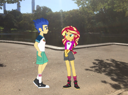 Size: 1133x845 | Tagged: safe, artist:yungdeez, derpibooru import, flash sentry, sunset shimmer, human, equestria girls, camp everfree outfits, central park, clothes, converse, female, flashimmer, irl, male, new york city, photo, shipping, shoes, shorts, smiling, straight
