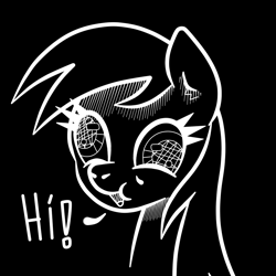 Size: 1000x1000 | Tagged: safe, artist:scandianon, derpibooru import, derpy hooves, pegasus, pony, black and white, bust, dialogue, female, grayscale, happy, mare, monochrome, simple background, smiling, talking to viewer, wall eyed