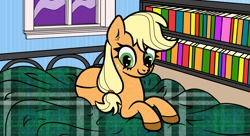 Size: 2200x1200 | Tagged: safe, artist:scandianon, derpibooru import, applejack, earth pony, pony, bed, blanket, bookshelf, female, hooves, indoors, looking down, lying down, mare, night, prone, window