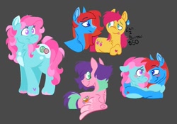 Size: 1089x762 | Tagged: safe, artist:partyponypower, derpibooru import, coconut grove, minty, waterfire, earth pony, pegasus, pony, g3, blushing, dialogue, female, flippity flop, gray background, hug, lesbian, pink hair, purple hair, red hair, redesign, simple background, sweat, sweatdrop