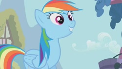 Size: 1280x720 | Tagged: safe, derpibooru import, screencap, rainbow dash, pegasus, pony, call of the cutie, smiling, solo