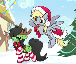 Size: 816x688 | Tagged: safe, artist:muffinz, derpibooru import, derpy hooves, oc, oc:anon filly, earth pony, pegasus, pony, angry, animal costume, background, best pony, christmas, clothes, costume, cropped, cute, derpabetes, duo, female, filly, foal, hat, hearth's warming eve, holiday, jingle bells, madorable, question mark, reindeer costume, santa costume, santa hat, snow, socks, striped socks, unamused