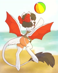 Size: 1280x1618 | Tagged: safe, derpibooru import, oc, oc only, oc:rose bite, bat pony, pony, bat pony oc, beach, beach ball, blurry background, bow, clothes, hair bow, jewelry, looking at something, necklace, open mouth, open smile, outdoors, shirt, shorts, smiling, solo, spread wings, tail, tail hole, water, wing hole, wings