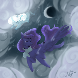 Size: 1000x1000 | Tagged: safe, artist:thejustbee, derpibooru import, princess luna, oc, oc:snowdrop, alicorn, pegasus, pony