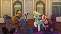 Size: 1920x1080 | Tagged: safe, artist:willoillo, derpibooru import, oc, oc:calamity, oc:roulette, oc:sunny hymn, oc:velvet remedy, earth pony, pegasus, fallout equestria, fallout equestria: red 36, clothes, dress, fanfic art, female, gala, male, oc x oc, shipping, straight, tenpony tower, velamity