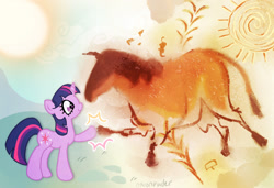 Size: 1280x874 | Tagged: safe, artist:onionpwder, derpibooru import, twilight sparkle, unicorn twilight, horse, pony, unicorn, cave painting, cute, female, food, heart, heart eyes, hoofbump, mare, smiling, sun, twiabetes, wheat, wingding eyes