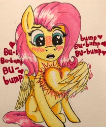 Size: 2787x3332 | Tagged: safe, artist:brightenight-heart, derpibooru import, fluttershy, pegasus, pony, blushing, cardiophilia, cartoon physics, concave belly, fetish, heart, heart (organ), heart bulge, heart eyes, heartbeat, open mouth, organs, wingding eyes