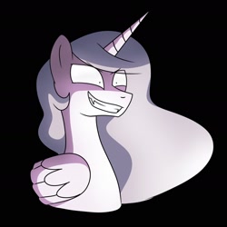 Size: 1984x1984 | Tagged: safe, derpibooru import, princess celestia, alicorn, black background, bust, evil, evil grin, folded wings, grin, princess molestia, simple background, smiling, wings