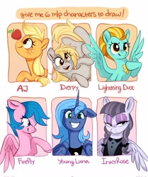 Size: 1715x2048 | Tagged: safe, alternate version, artist:anotherdeadrat, derpibooru import, applejack, derpy hooves, firefly, inky rose, lightning dust, princess luna, alicorn, earth pony, pegasus, pony, g1, apple, eyeshadow, food, goth, grin, makeup, s1 luna, six fanarts, smiling, twin braids