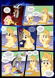 Size: 3259x4607 | Tagged: safe, artist:estories, derpibooru import, discord, fluttershy, oc, oc:alice goldenfeather, oc:fable, draconequus, pegasus, pony, comic:nevermore, alternate hairstyle, cup, kitchen, mouth hold, newspaper, speech bubble, teacup