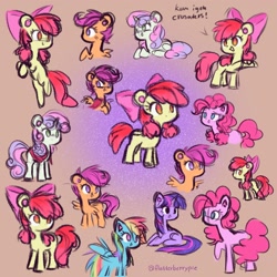 Size: 2048x2048 | Tagged: safe, artist:flutterberrypie, derpibooru import, apple bloom, pinkie pie, rainbow dash, scootaloo, sweetie belle, twilight sparkle, unicorn twilight, earth pony, pegasus, pony, unicorn, g4, adorabloom, apple bloom's bow, blank flank, bow, colored pinnae, cute, cutealoo, cutie mark crusaders, cutie mark cuties, danish, dashabetes, diapinkes, diasweetes, female, filly, foal, hair bow, high res, horn, lying down, mare, no pupils, open mouth, open smile, prone, raised hoof, raised leg, round ears, signature, smiling, spread wings, twiabetes, wings