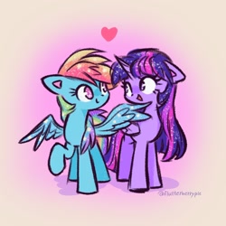 Size: 2048x2048 | Tagged: safe, artist:flutterberrypie, derpibooru import, rainbow dash, twilight sparkle, twilight sparkle (alicorn), alicorn, pegasus, pony, g4, colored pinnae, cute, dashabetes, duo, duo female, ears, eye contact, female, floating heart, floppy ears, folded wings, heart, high res, horn, lesbian, looking at each other, looking at someone, mare, no pupils, open mouth, open smile, raised hoof, raised leg, shipping, signature, smiling, smiling at each other, sparkles, spread wings, twiabetes, twidash, wings