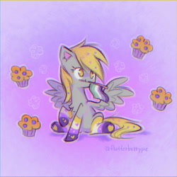Size: 1080x1080 | Tagged: safe, artist:flutterberrypie, derpibooru import, derpy hooves, pegasus, pony, g4, aromantic pride flag, clothes, cute, derpabetes, food, mouth hold, muffin, no pupils, nonbinary, nonbinary pride flag, pride, pride flag, raised hoof, raised leg, signature, sitting, smiling, socks, solo, spread wings, striped socks, wings
