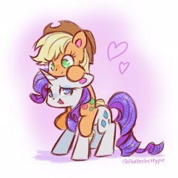 Size: 2048x2048 | Tagged: safe, artist:flutterberrypie, derpibooru import, applejack, rarity, earth pony, pony, unicorn, g4, applejack riding rarity, applejack's hat, clothes, colored pinnae, cowboy hat, cute, duo, duo female, female, floating heart, freckles, hat, heart, high res, horn, jackabetes, lesbian, mare, no pupils, open mouth, ponies riding ponies, raribetes, rarijack, riding, shipping, signature, sparkles