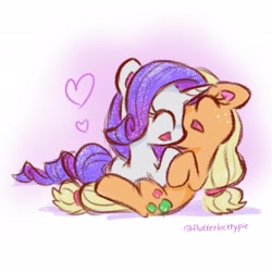 Size: 2048x2048 | Tagged: safe, artist:flutterberrypie, derpibooru import, applejack, rarity, earth pony, pony, unicorn, g4, colored pinnae, cute, duo, duo female, eyes closed, female, floating heart, freckles, hatless, heart, high res, horn, jackabetes, lesbian, mare, missing accessory, open mouth, open smile, raribetes, rarijack, shipping, signature, smiling, sparkles