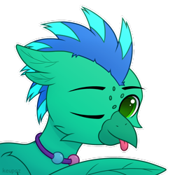 Size: 2048x2048 | Tagged: safe, artist:keupoz, derpibooru import, oc, oc only, oc:sky splash, hippogriff, beads, bust, commission, freckles, hippogriff oc, one eye closed, portrait, simple background, tongue, tongue out, transparent background