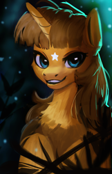 Size: 1500x2312 | Tagged: safe, artist:hierozaki, derpibooru import, oc, oc only, oc:ayza, pony, unicorn, backlighting, chest fluff, coat markings, facial markings, female, half body, horn, looking at you, mare, night, open mouth, open smile, smiling, smiling at you, solo, star (coat marking), star mark, stars, unicorn oc