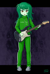 Size: 675x1000 | Tagged: safe, artist:uotapo, derpibooru import, wallflower blush, human, equestria girls, equestria girls series, bocchi the rock!, clothes, cosplay, costume, electric guitar, female, guitar, musical instrument, nervous sweat, solo, tracksuit