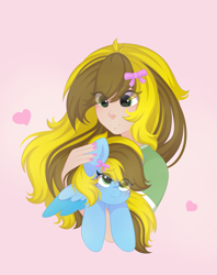 Size: 2513x3181 | Tagged: safe, artist:yomechka, derpibooru import, oc, oc only, oc:lucky bolt, human, pegasus, pony, bow, cute, female, hair bow, hair over one eye, heart, holding a pony, humanized, long hair, long mane, looking up, love, mare, pegasus oc, pet, petting