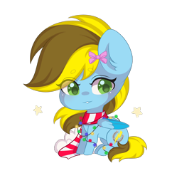 Size: 1448x1496 | Tagged: safe, artist:yomechka, derpibooru import, oc, oc only, oc:lucky bolt, pegasus, bow, christmas, christmas lights, clothes, cute, female, folded wings, green eyes, hair bow, happy, holiday, mare, pegasus oc, scarf, simple background, sitting, smiling, string lights, striped scarf, transparent background, wings