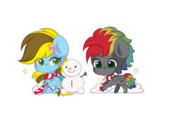 Size: 3167x2076 | Tagged: safe, artist:yomechka, derpibooru import, oc, oc only, oc:lucky bolt, oc:sliding bolt, pegasus, bow, christmas, christmas lights, clothes, duo, female, green eyes, hair bow, holiday, male, male and female, mare, multicolored hair, pegasus oc, playing, running, scarf, simple background, sitting, snow, snowfall, snowman, string lights, striped scarf, transparent background