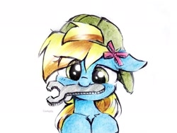 Size: 2047x1536 | Tagged: safe, artist:liaaqila, derpibooru import, oc, oc only, oc:lucky bolt, pegasus, pony, backwards ballcap, baseball cap, bow, bust, cap, cute, female, green eyes, hair bow, hair over one eye, hat, looking at you, mare, mechanic, mouth hold, pegasus oc, simple background, solo, traditional art, white background, wrench