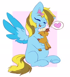 Size: 1843x2048 | Tagged: safe, artist:cheekipone, derpibooru import, oc, oc only, oc:comet thunder, oc:lucky bolt, earth pony, pegasus, pony, bow, earth pony oc, eyes closed, female, hair bow, happy, hat, heart, holding a pony, hug, male, mare, passepartout, pegasus oc, plushie, sitting, spread wings, wings