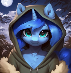 Size: 1536x1600 | Tagged: safe, ai content, derpibooru import, generator:purplesmart.ai, generator:stable diffusion, machine learning generated, princess luna, alicorn, anthro, bust, cheek fluff, chest fluff, clothes, cute, ear fluff, ears, female, full moon, hood, hoodie, looking at you, lunabetes, mare, moon, night, night sky, outdoors, portrait, prompter:nightluna, sky, smiling, smiling at you, solo