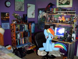 Size: 400x304 | Tagged: safe, derpibooru import, edit, rainbow dash, pegasus, pony, computer, real life background, room, sad, solo