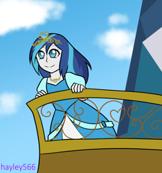 Size: 1958x2096 | Tagged: safe, artist:hayley566, derpibooru import, gleaming shield, shining armor, equestria girls, alternate hairstyle, balcony, castle, clothes, cloud, commission, crown, crystal empire, cute, dress, female, gown, jewelry, necklace, princess costume, princess dress, regalia, rule 63, shining adorable, sky, watermark
