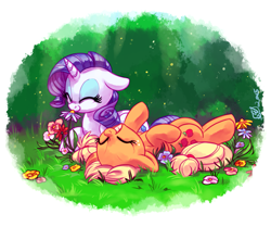 Size: 1525x1275 | Tagged: safe, artist:whitediamonds, derpibooru import, applejack, rarity, earth pony, pony, unicorn, g4, cute, duo, duo female, ears, eyes closed, female, floppy ears, flower, freckles, grass, grin, hatless, horn, horses doing horse things, jackabetes, lesbian, lying down, mare, missing accessory, nose wrinkle, on back, prone, raribetes, rarijack, rarijack daily, shipping, signature, smiling, sniffing, spring, squee