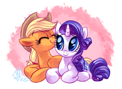 Size: 1300x950 | Tagged: safe, artist:whitediamonds, derpibooru import, applejack, rarity, earth pony, pony, unicorn, g4, applejack's hat, clothes, cowboy hat, cute, duo, duo female, eyes closed, female, freckles, hat, horn, jackabetes, lesbian, lying down, mare, nuzzling, prone, raribetes, rarijack, rarijack daily, shipping, signature, smiling