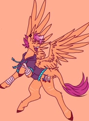 Size: 939x1280 | Tagged: safe, artist:ask-trans-scoots, derpibooru import, scootaloo, pegasus, alternate cutie mark, bandage, clothes, hoodie, male, orange background, scar, self harm, self harm scars, simple background, smiling, solo, spread wings, teenager, trans male, transgender, tumblr:ask trans scootaloo, wings