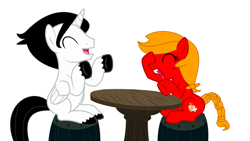 Size: 4705x2647 | Tagged: safe, artist:brightstar40k, derpibooru import, oc, oc only, oc:brightstar, oc:peach blossom, alicorn, earth pony, alicorn oc, barrel, date, dating, earth pony oc, horn, love, romantic, simple background, table, white background, wings