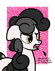 Size: 1000x1300 | Tagged: safe, artist:scandianon, derpibooru import, oc, oc only, oc:pon-pushka, earth pony, pony, annoyed, dock, ears, faggot, floppy ears, furrowed brow, grumpy, male, pon-pushka, slur, stallion, tail, talking, vulgar