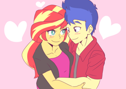 Size: 1800x1277 | Tagged: safe, artist:strugetdraw, derpibooru import, flash sentry, sunset shimmer, human, equestria girls, alternate clothes, blushing, clothes, duo, embrace, eyes closed, female, flashimmer, heart, looking at each other, looking at someone, male, pink background, shipping, simple background, straight
