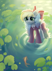 Size: 1733x2400 | Tagged: safe, artist:feelgood, derpibooru import, oc, oc only, oc:blazey sketch, fish, pegasus, bow, clothes, green eyes, grey fur, hair bow, lilypad, multicolored hair, pegasus oc, small wings, smiling, solo, sweater, water, wings