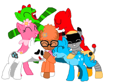 Size: 778x517 | Tagged: safe, artist:livingonlaughs, derpibooru import, cat, cyclops, dragon, earth pony, ghost, ghost pony, monster pony, pony, robot, robot pony, undead, g4, brobee, cat-dracony, cat-dragon, cyclops pony, dj lance rock, female, flower, flower bubble, flower bubble pony, foofa, gooble, group, hug, male, mare, monster, muno, plex, ponified, rule 85, simple background, species swap, stallion, toodee, transparent background, yo gabba gabba!