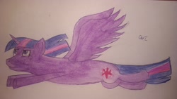 Size: 1920x1080 | Tagged: safe, artist:пшеница, derpibooru exclusive, derpibooru import, twilight sparkle, twilight sparkle (alicorn), alicorn, pony, acrylic painting, female, flying, mare, simple background, solo, spread wings, traditional art, watercolor painting, wings