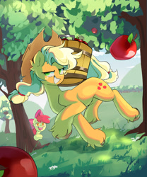 Size: 2500x3000 | Tagged: safe, artist:madiwann, derpibooru import, apple bloom, applejack, earth pony, pony, apple, apple bloom's bow, apple sisters, applejack's hat, bow, clothes, cowboy hat, detailed background, duo, duo female, female, filly, foal, food, freckles, grin, hair bow, hat, high res, hooves, mare, open mouth, open smile, siblings, sisters, smiling, tree