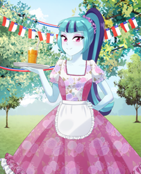 Size: 813x1000 | Tagged: safe, artist:riouku, derpibooru import, sonata dusk, equestria girls, banner, blushing, chile, clothes, cute, dress, drink, drinking straw, eyeshadow, female, glass, makeup, solo, sonatabetes, tray, tree