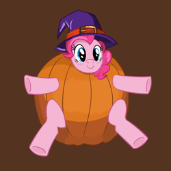 Size: 2156x2156 | Tagged: safe, artist:nonameorous, derpibooru import, pinkie pie, earth pony, pony, brown background, halloween, hat, high res, holiday, looking at you, pumpkin, simple background, smiling, solo, toy interpretation, witch hat