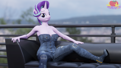 Size: 3840x2160 | Tagged: safe, artist:marianokun, derpibooru import, starlight glimmer, anthro, unicorn, 3d, blender, boots, clothes, high heels, looking at you, shoes, sofa