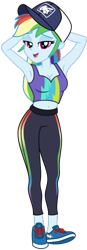 Size: 174x500 | Tagged: safe, artist:emeraldblast63, derpibooru import, rainbow dash, equestria girls, arm behind head, armpits, bare midriff, baseball cap, belly button, breasts, cap, cleavage, clothes, female, hat, leggings, lidded eyes, looking at you, midriff, open mouth, open smile, rainboob dash, shoes, simple background, smiling, solo, standing, tanktop, transparent background