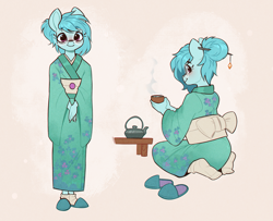 Size: 2555x2070 | Tagged: safe, artist:rexyseven, derpibooru import, oc, oc only, oc:whispy slippers, anthro, earth pony, plantigrade anthro, anthro oc, clothes, female, glasses, kettle, kimono (clothing), kneeling, looking at you, looking back, looking back at you, looking over shoulder, mare, simple background, slippers, smiling, smiling at you, socks, solo, standing, tea, teacup, teapot, white background